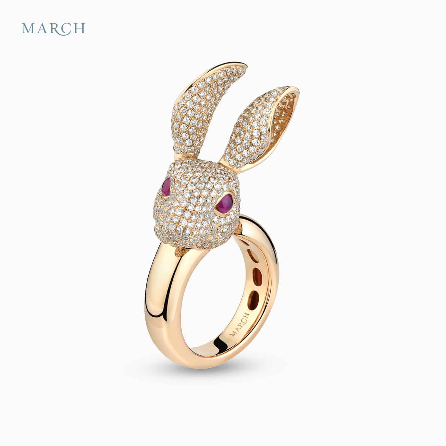 Rabbit Ring in 18K Rose Gold with Diamonds and Ruby • Forever Jewels